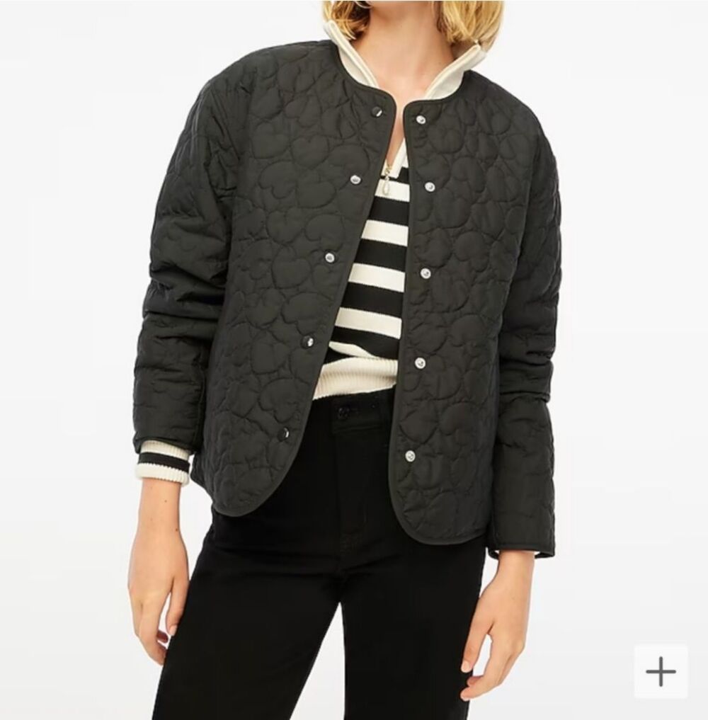 NWT J. Crew Black Quilted Heart Puffer Jacket Womens Lightweight Black Large